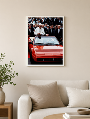 Pope in Red Ferrari Wall Art Print - white framed