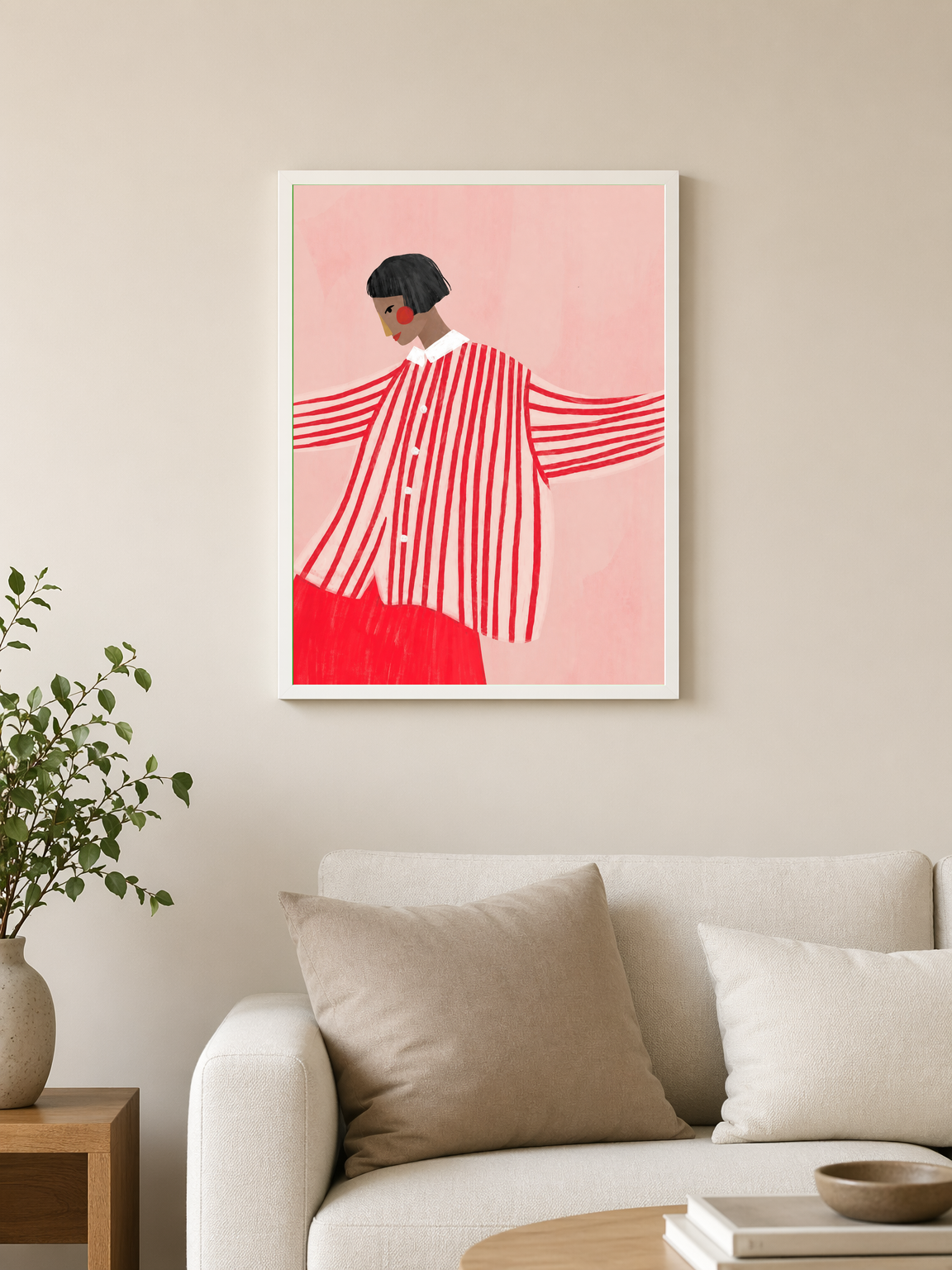 Bold Striped Woman Illustration Wall Art Print - white framed
