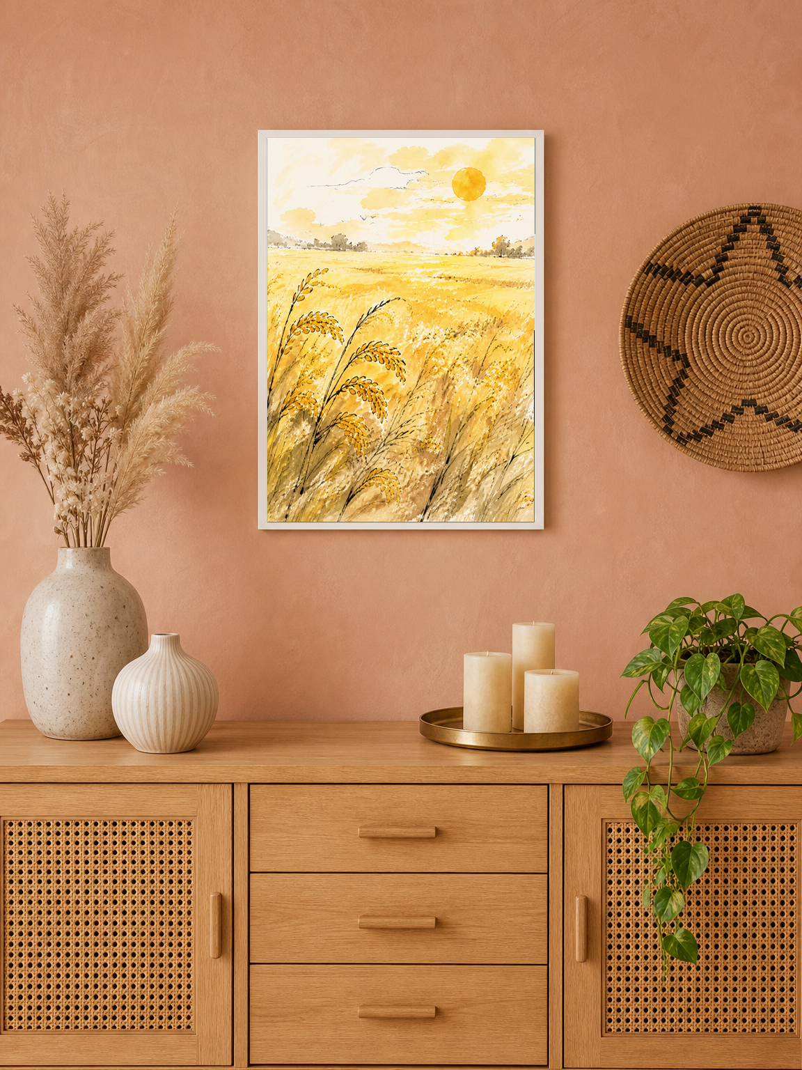 Golden Wheat Field Sunrise Wall Art Print - white framed