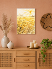 Golden Wheat Field Sunrise Wall Art Print - white framed
