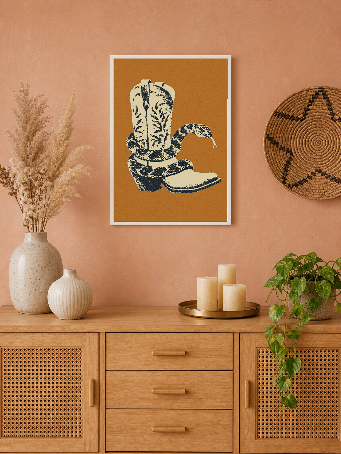 Rattlesnake Cowboy Boot Wall Art Print - white framed