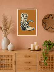 Rattlesnake Cowboy Boot Wall Art Print - white framed