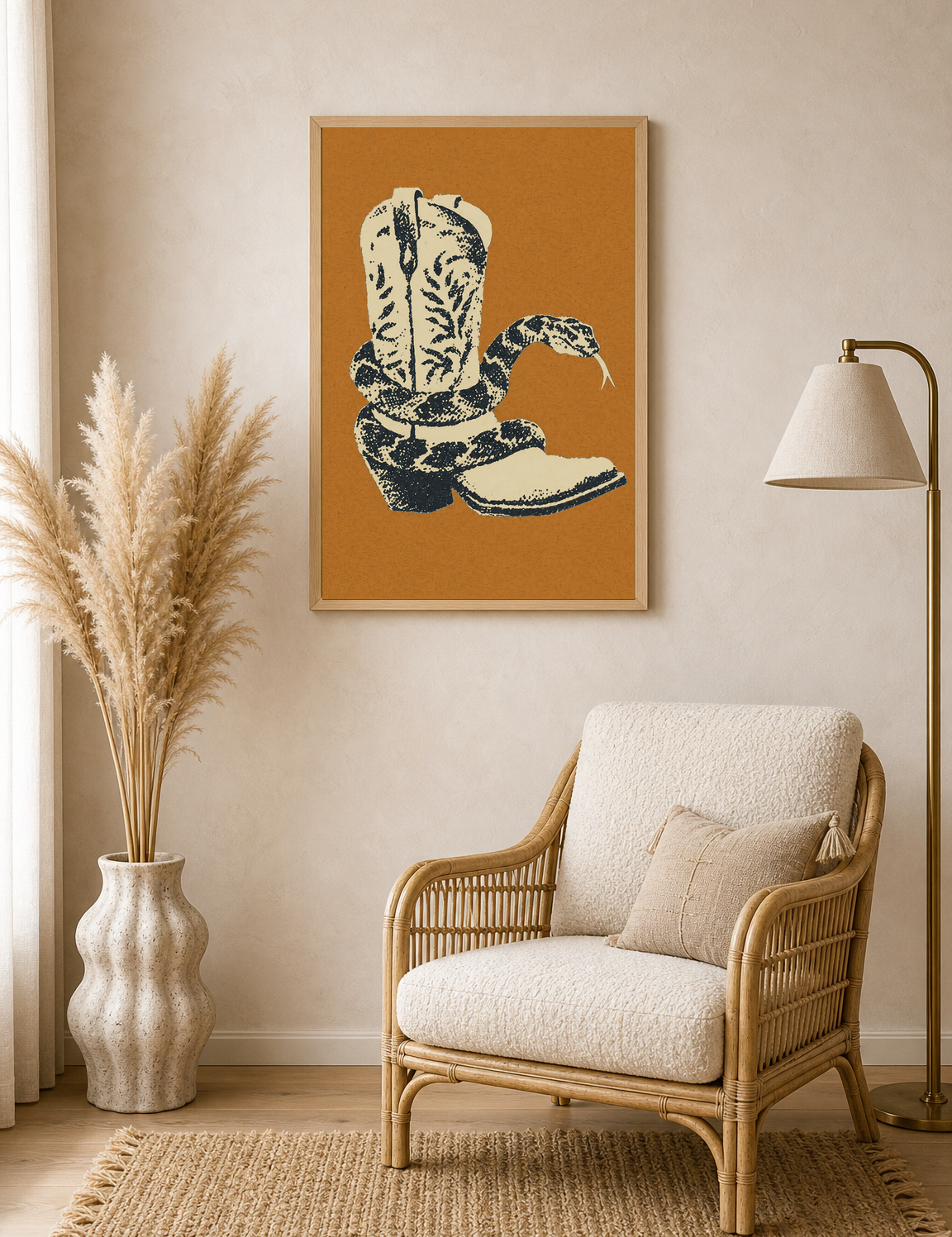 Rattlesnake Cowboy Boot Wall Art Print - wood framed poster