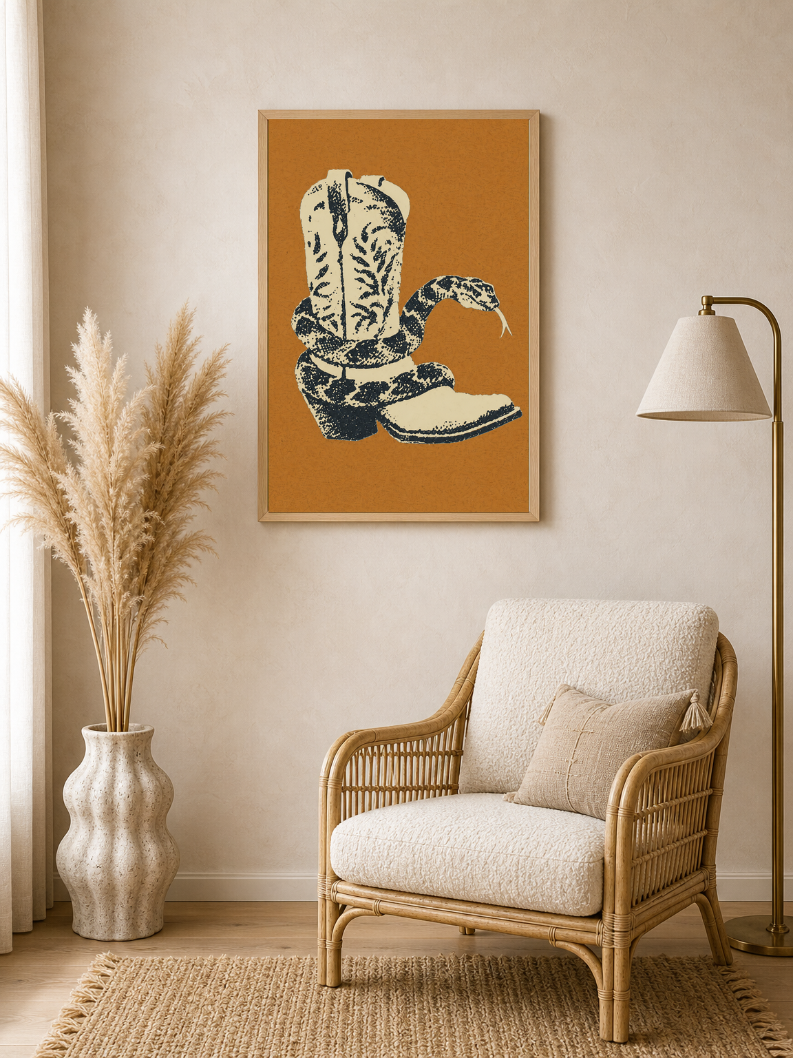 Rattlesnake Cowboy Boot Wall Art Print - wood framed poster