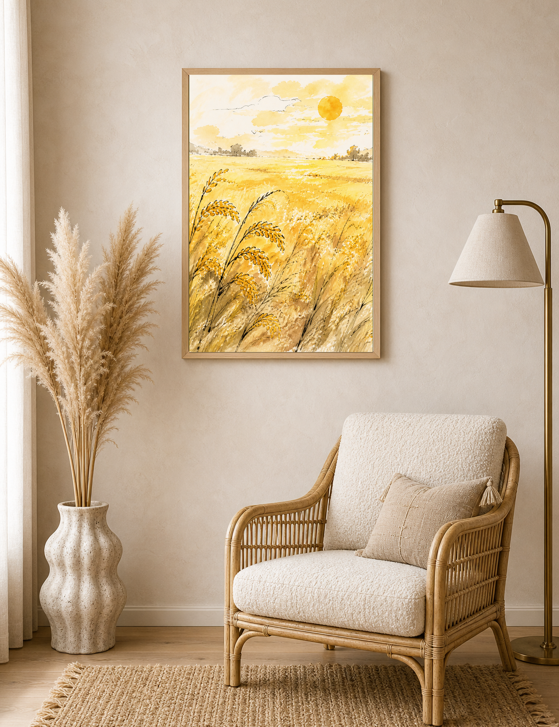 Golden Wheat Field Sunrise Wall Art Print - wood framed poster