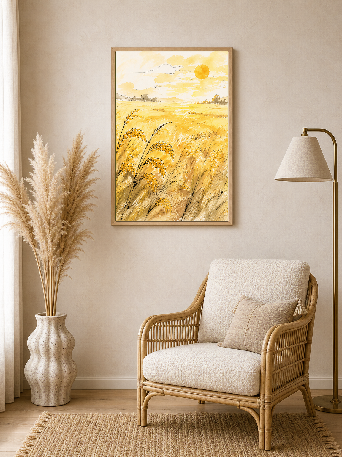 Golden Wheat Field Sunrise Wall Art Print - wood framed poster