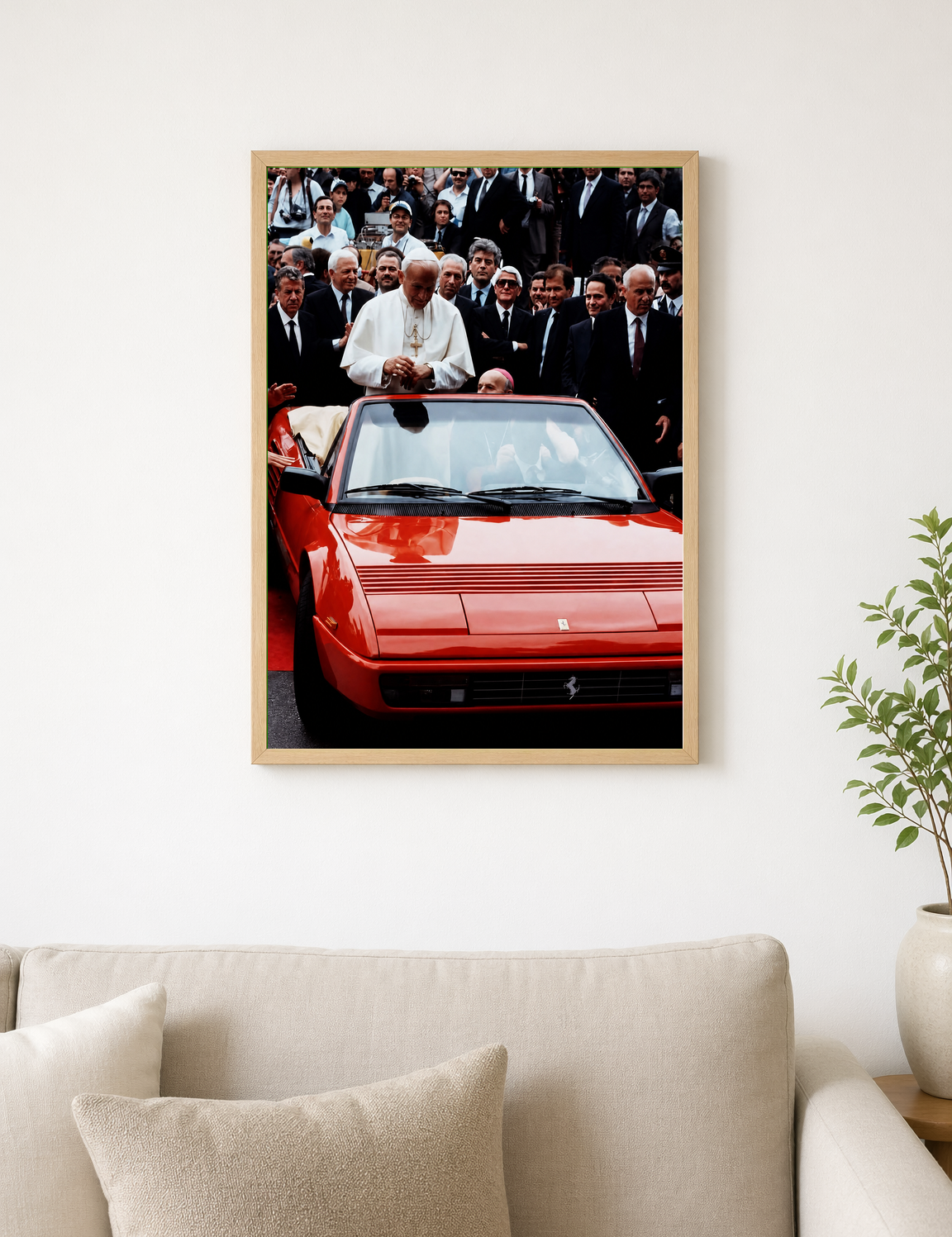 Pope in Red Ferrari Wall Art Print - wood framed poster