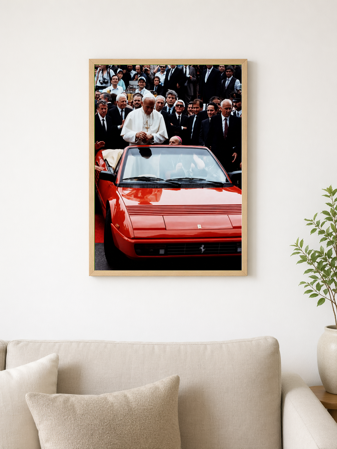 Pope in Red Ferrari Wall Art Print - wood framed poster