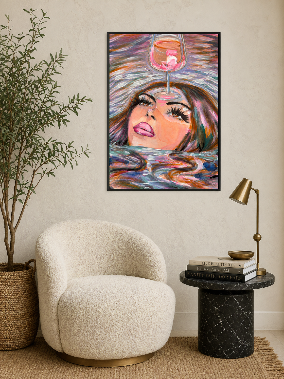 Surreal Woman & Wine Wall Art Print - black framed