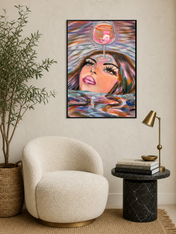 Surreal Woman & Wine Wall Art Print - black framed