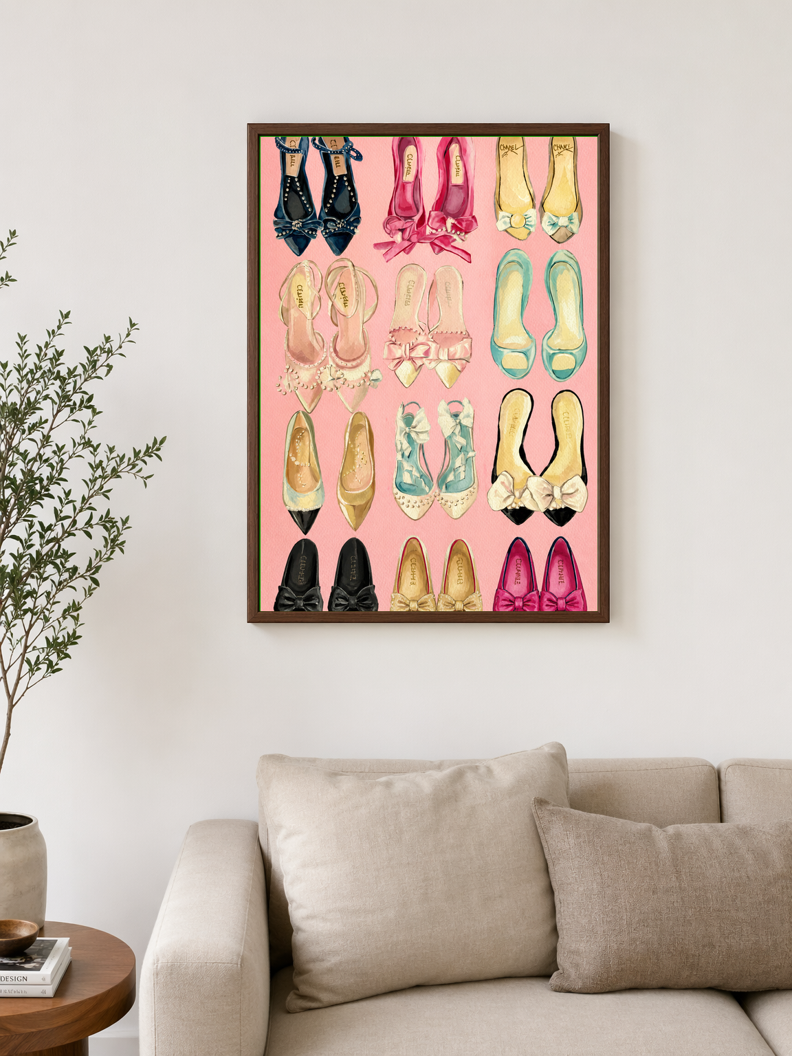 Chic Designer Flats Fashion Wall Art Print - dark wood framed