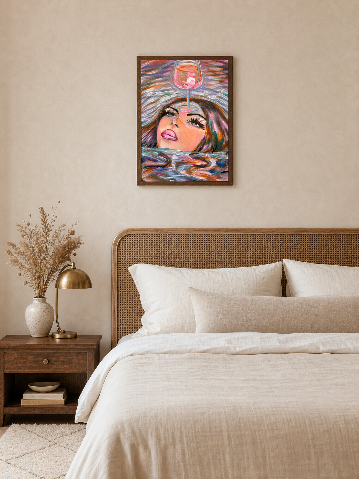 Surreal Woman & Wine Wall Art Print - dark wood framed