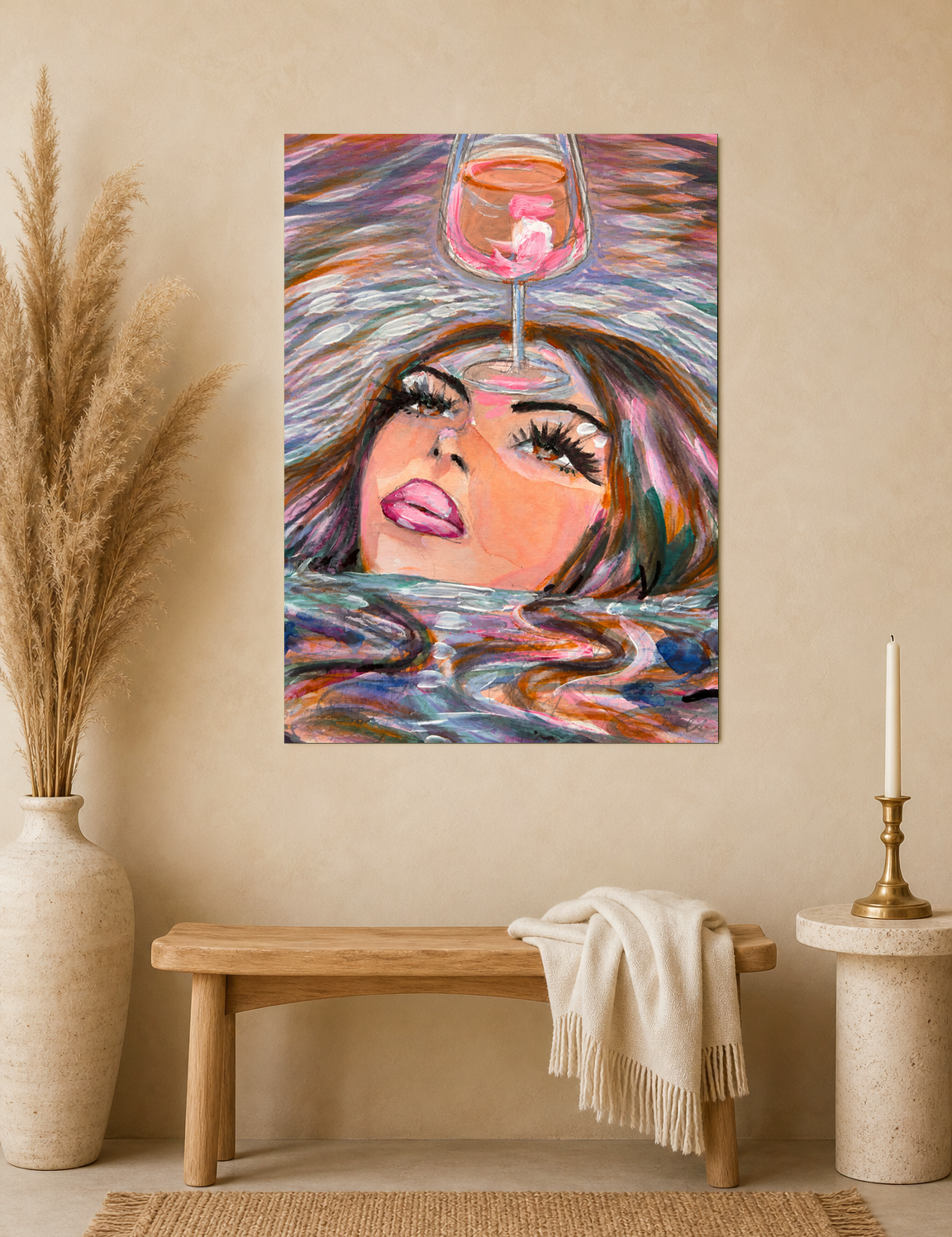 Surreal Woman & Wine Wall Art Print - unframed mockup