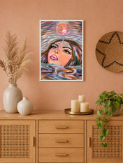 Surreal Woman & Wine Wall Art Print - white framed