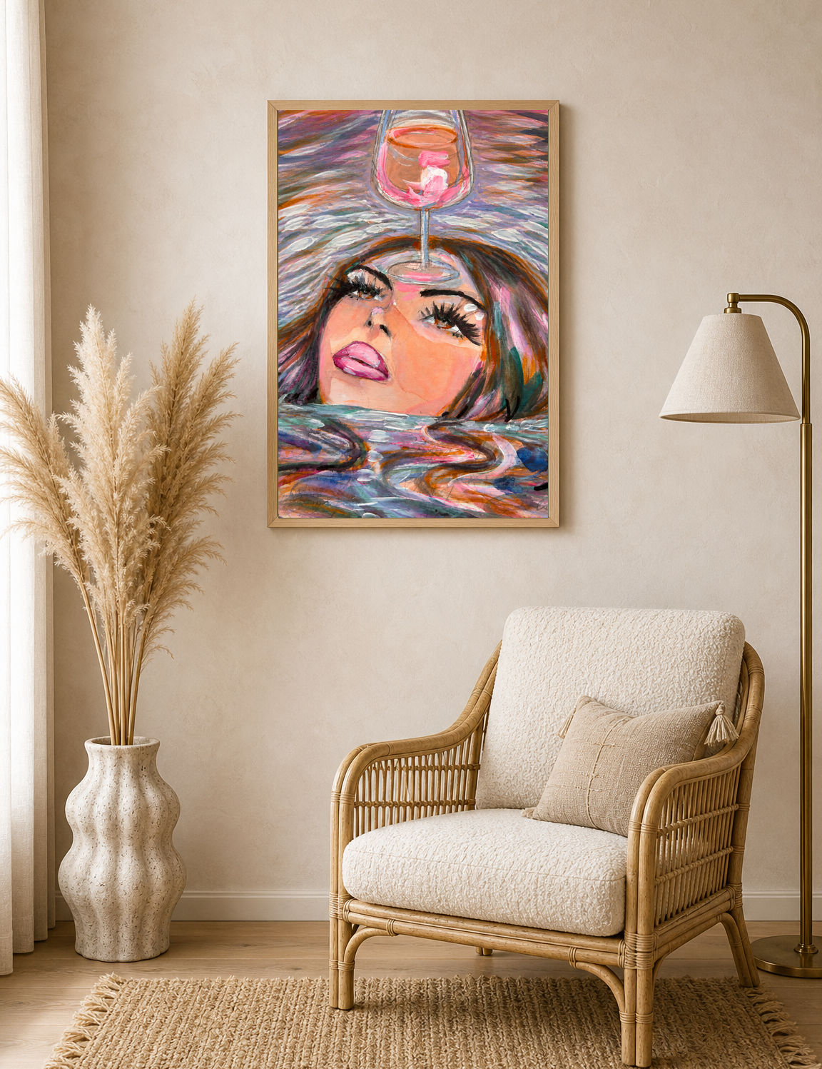 Surreal Woman & Wine Wall Art Print - wood framed poster