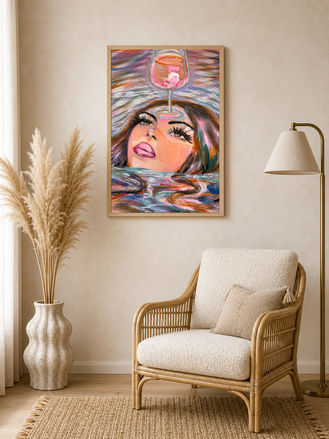 Surreal Woman & Wine Wall Art Print - wood framed poster