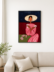 Abstract Woman Playing Cards Wall Art Print - black framed