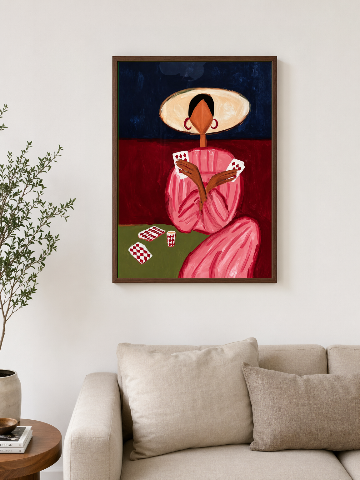 Abstract Woman Playing Cards Wall Art Print - dark wood framed