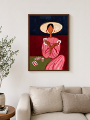 Abstract Woman Playing Cards Wall Art Print - dark wood framed