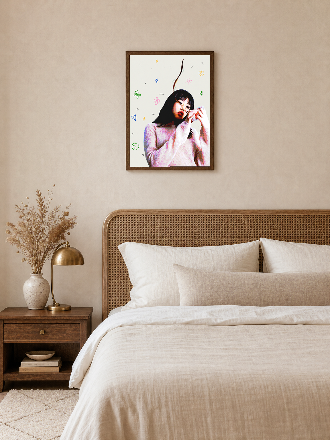 Playful Pop Art Girl Wall Art Print - dark wood framed