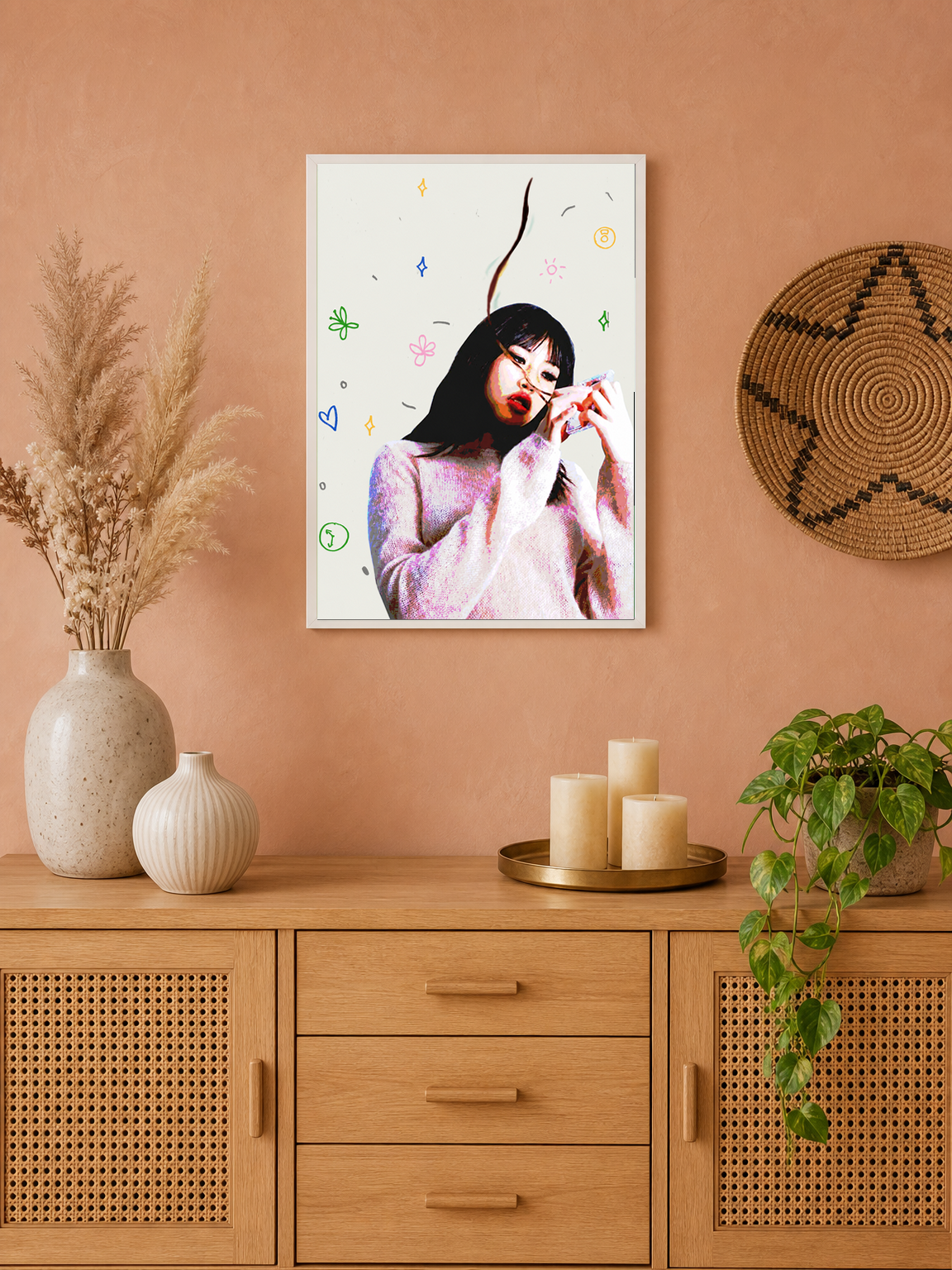 Playful Pop Art Girl Wall Art Print - white framed