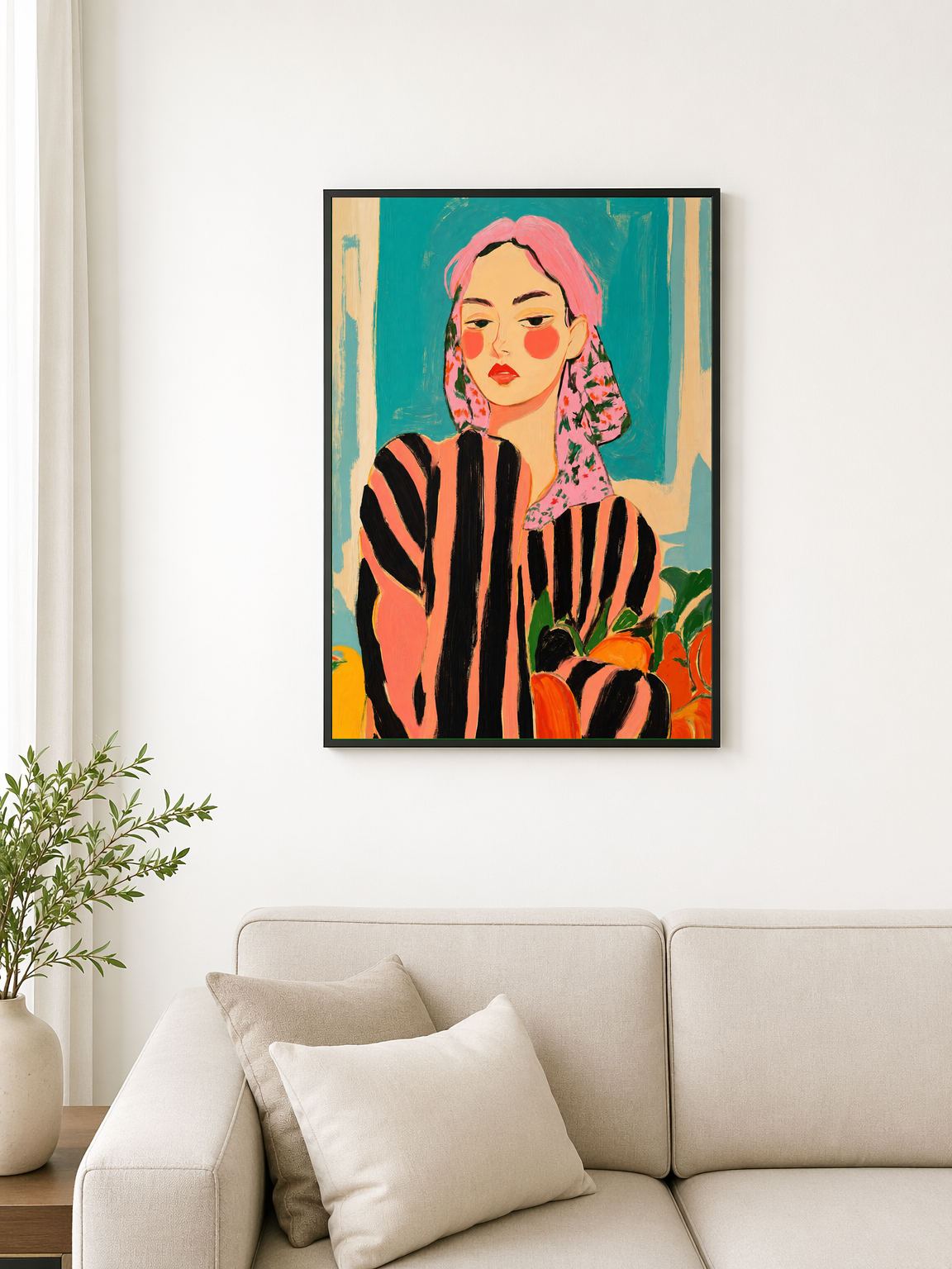 Bold Striped Woman Portrait Wall Art Print - black framed
