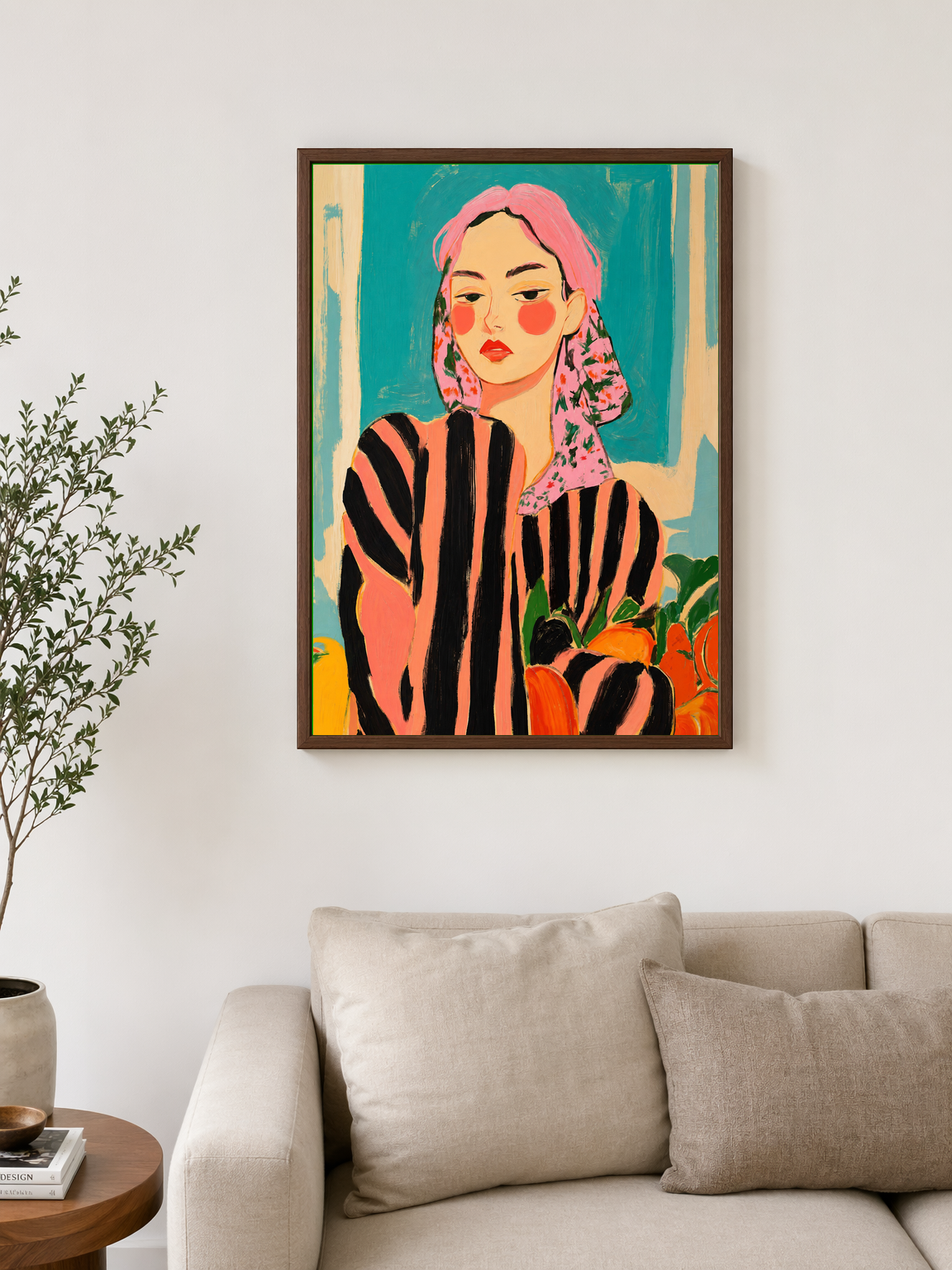 Bold Striped Woman Portrait Wall Art Print - dark wood framed