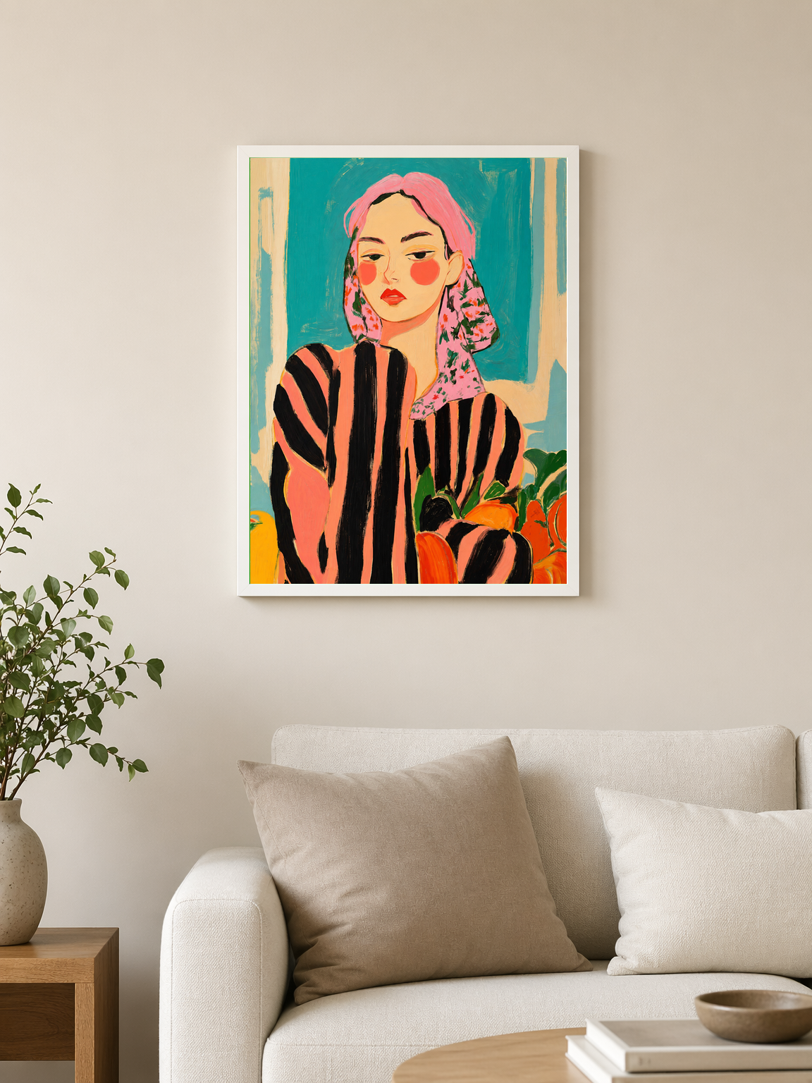 Bold Striped Woman Portrait Wall Art Print - white framed