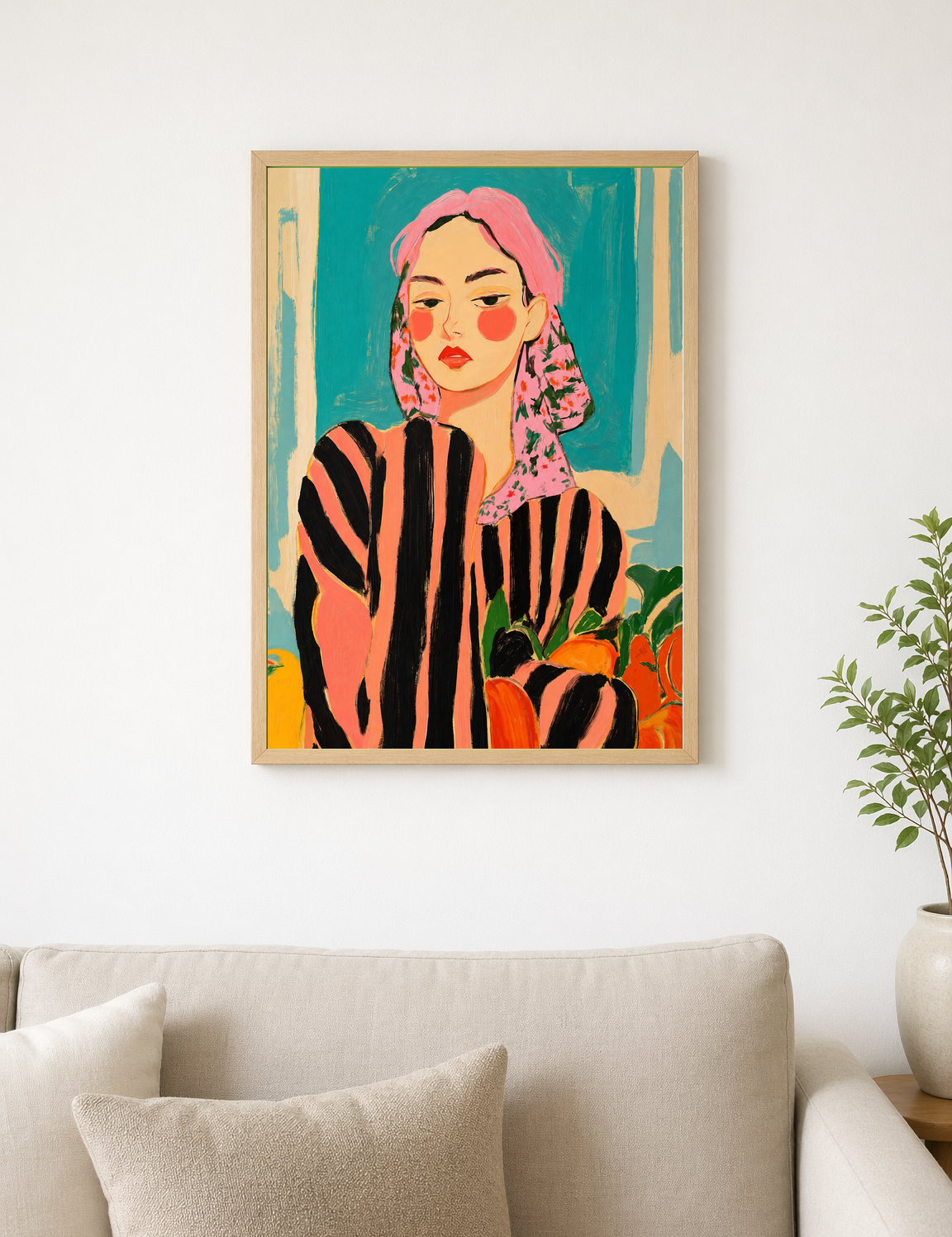 Bold Striped Woman Portrait Wall Art Print - wood framed poster