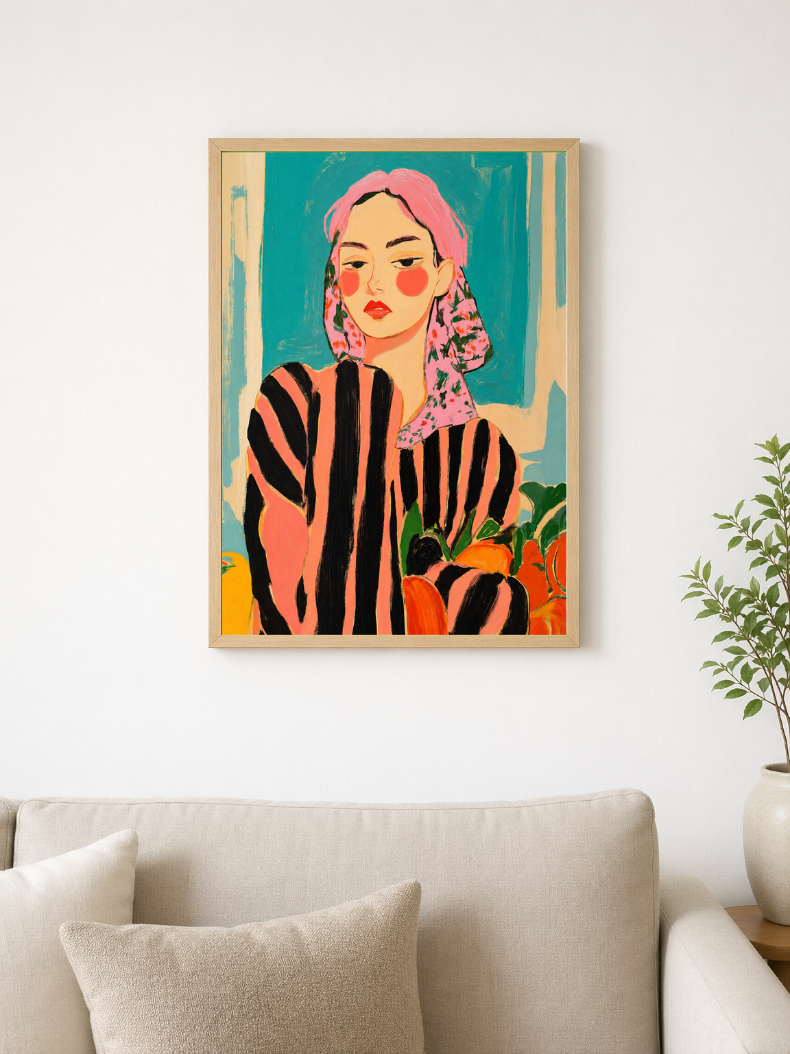 Bold Striped Woman Portrait Wall Art Print - wood framed poster