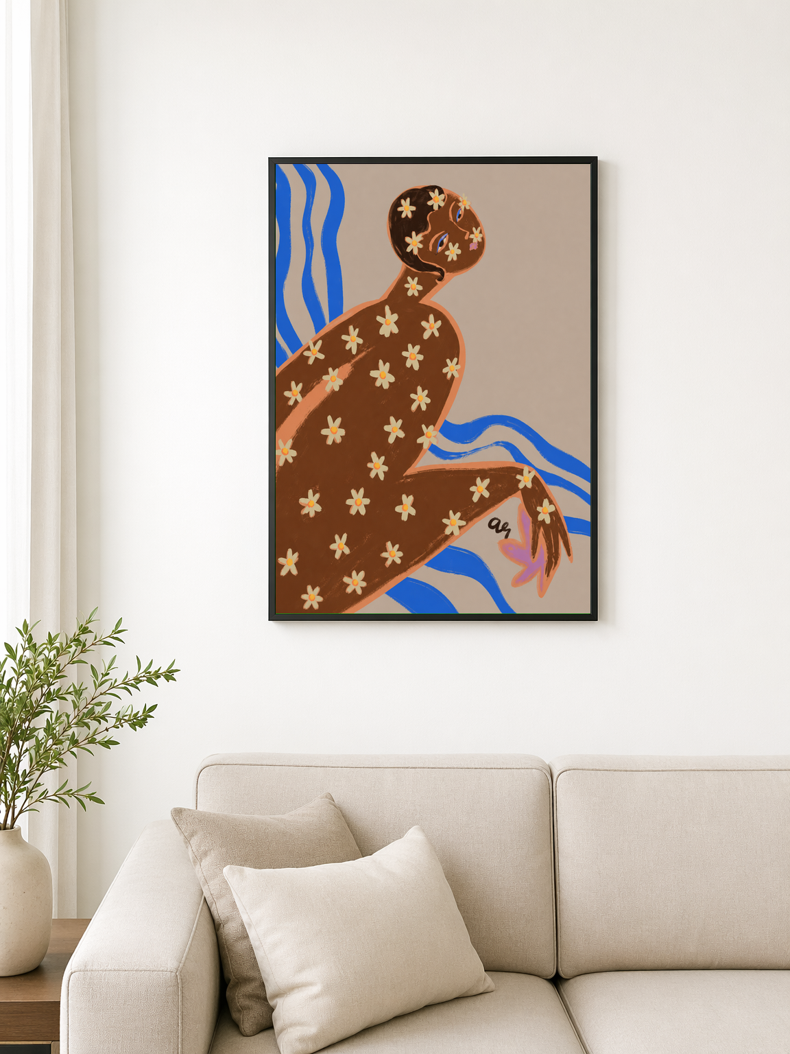 Floral Figure Modern Wall Art Print - black framed