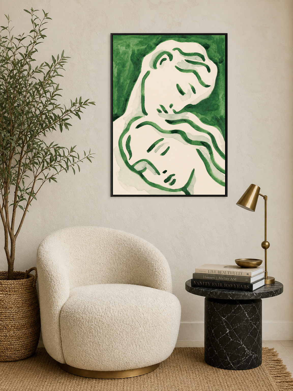 Abstract Lovers Green Line Wall Art Print - black framed
