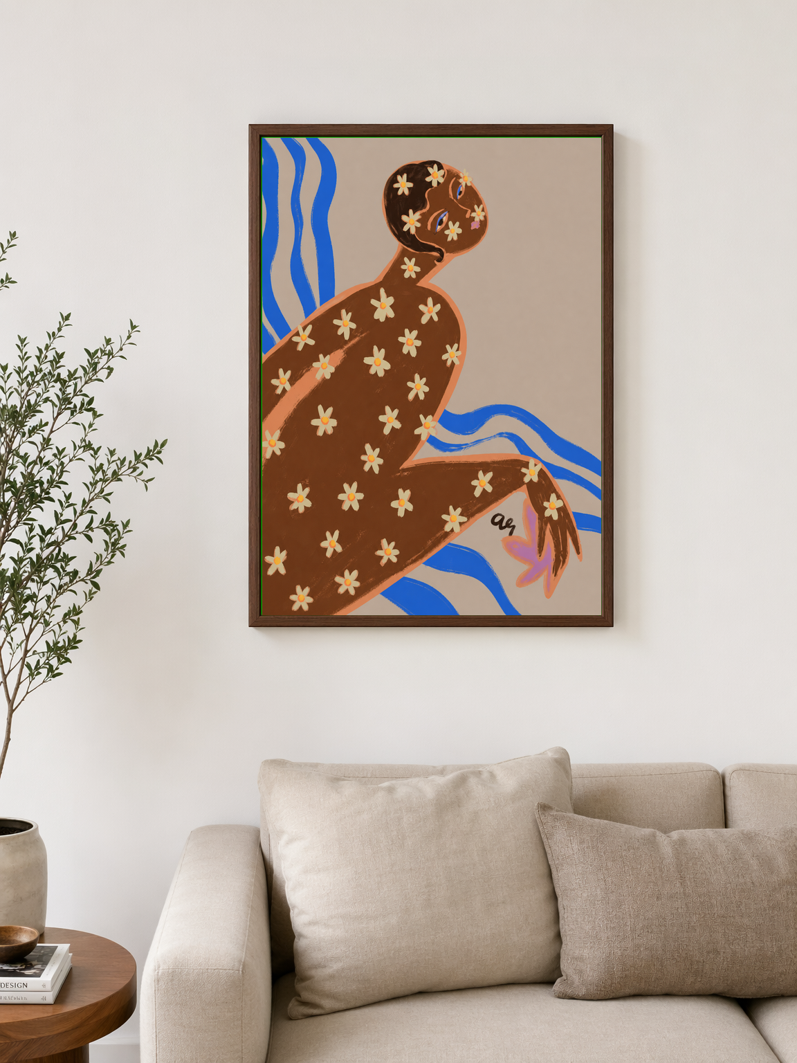 Floral Figure Modern Wall Art Print - dark wood framed