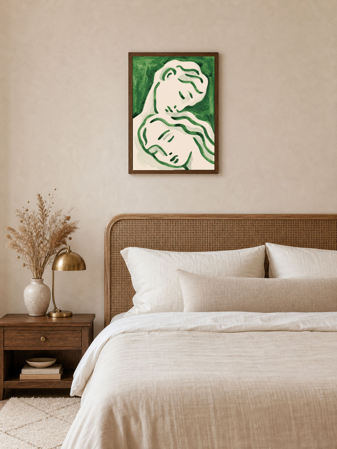 Abstract Lovers Green Line Wall Art Print - dark wood framed