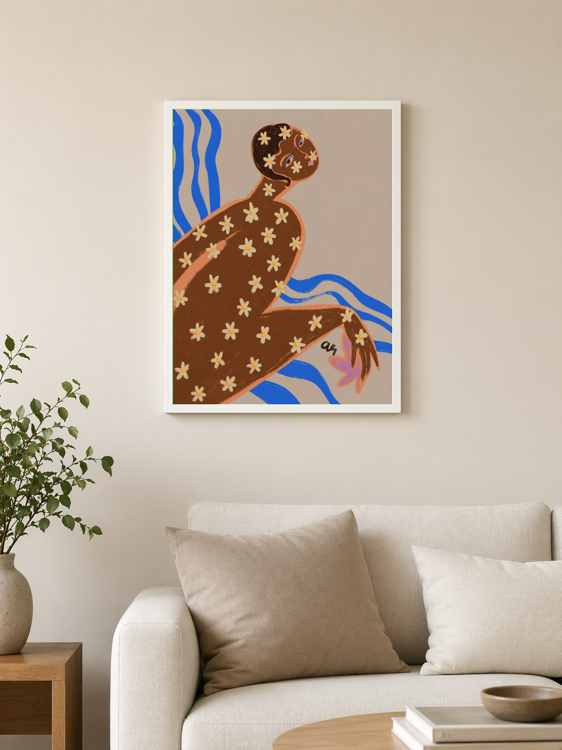 Floral Figure Modern Wall Art Print - white framed