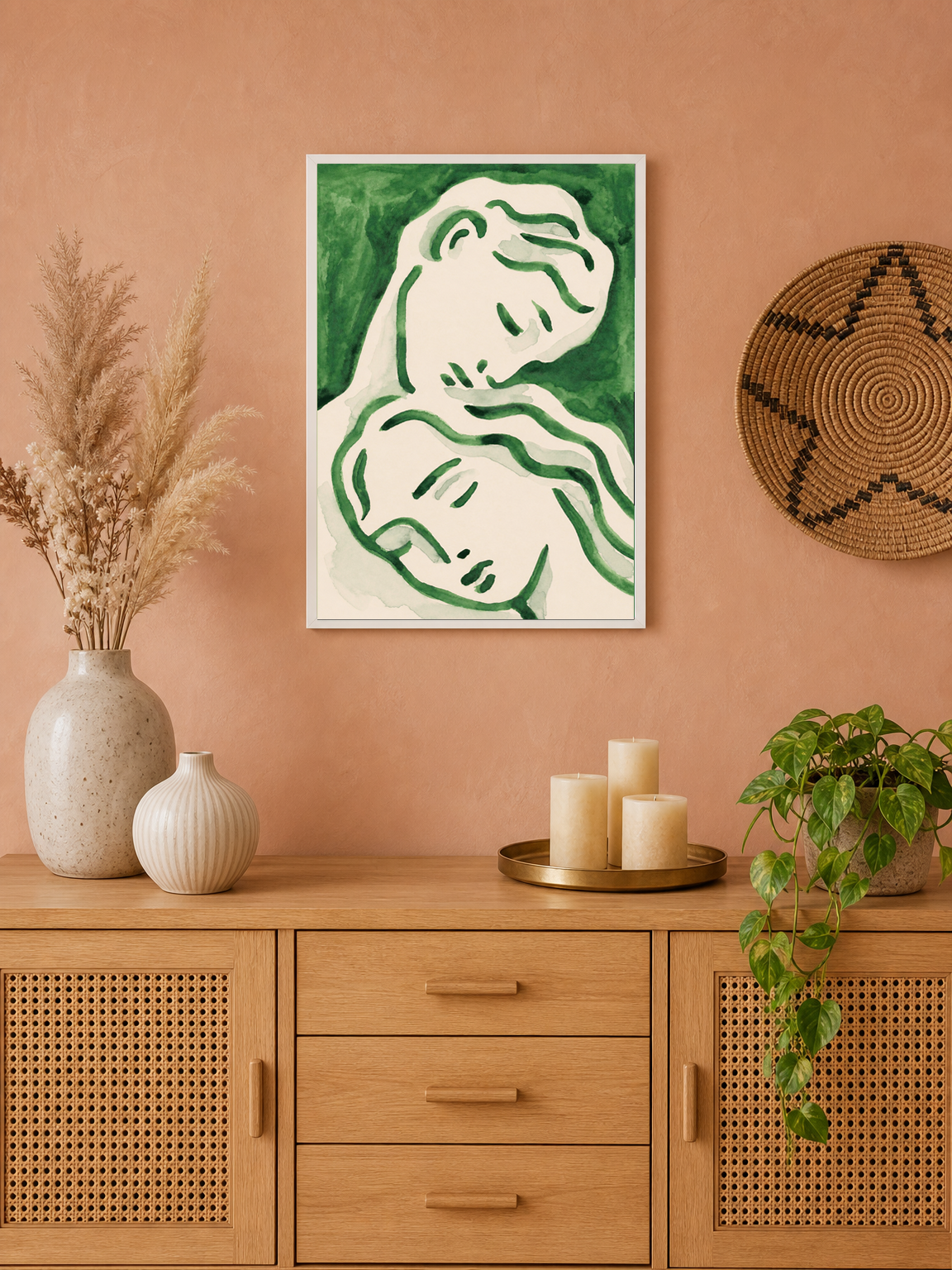 Abstract Lovers Green Line Wall Art Print - white framed