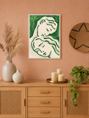 Abstract Lovers Green Line Wall Art Print - white framed