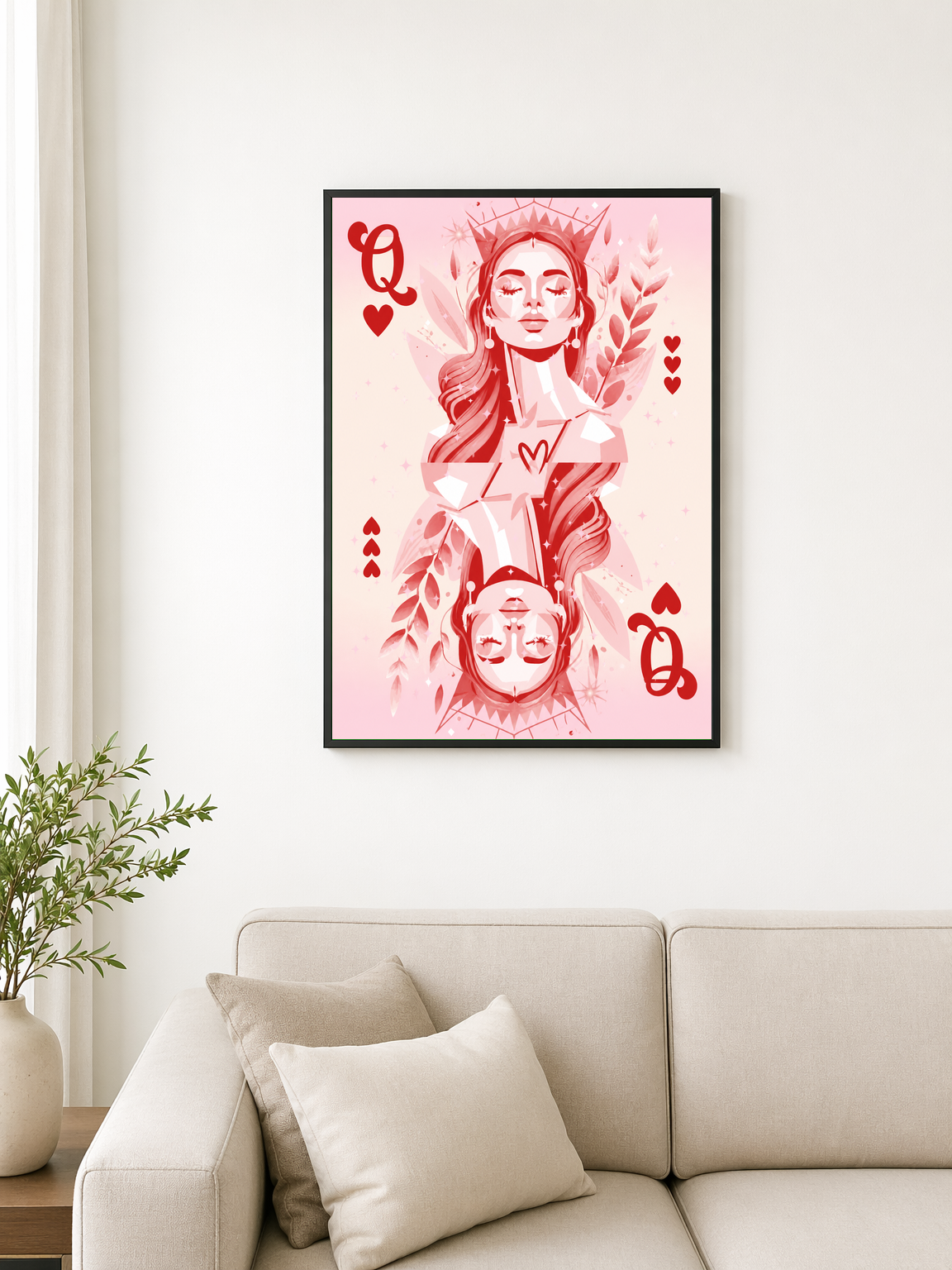 Pink Queen of Hearts Wall Art Print - black framed