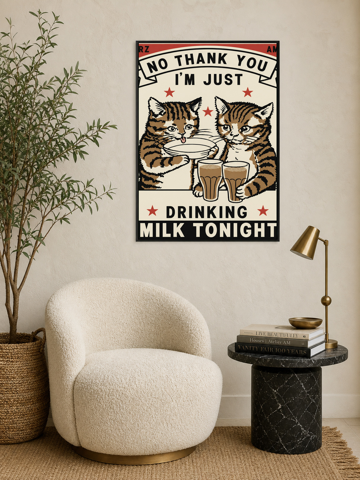 Vintage Cat Milk Poster Wall Art Print - black framed