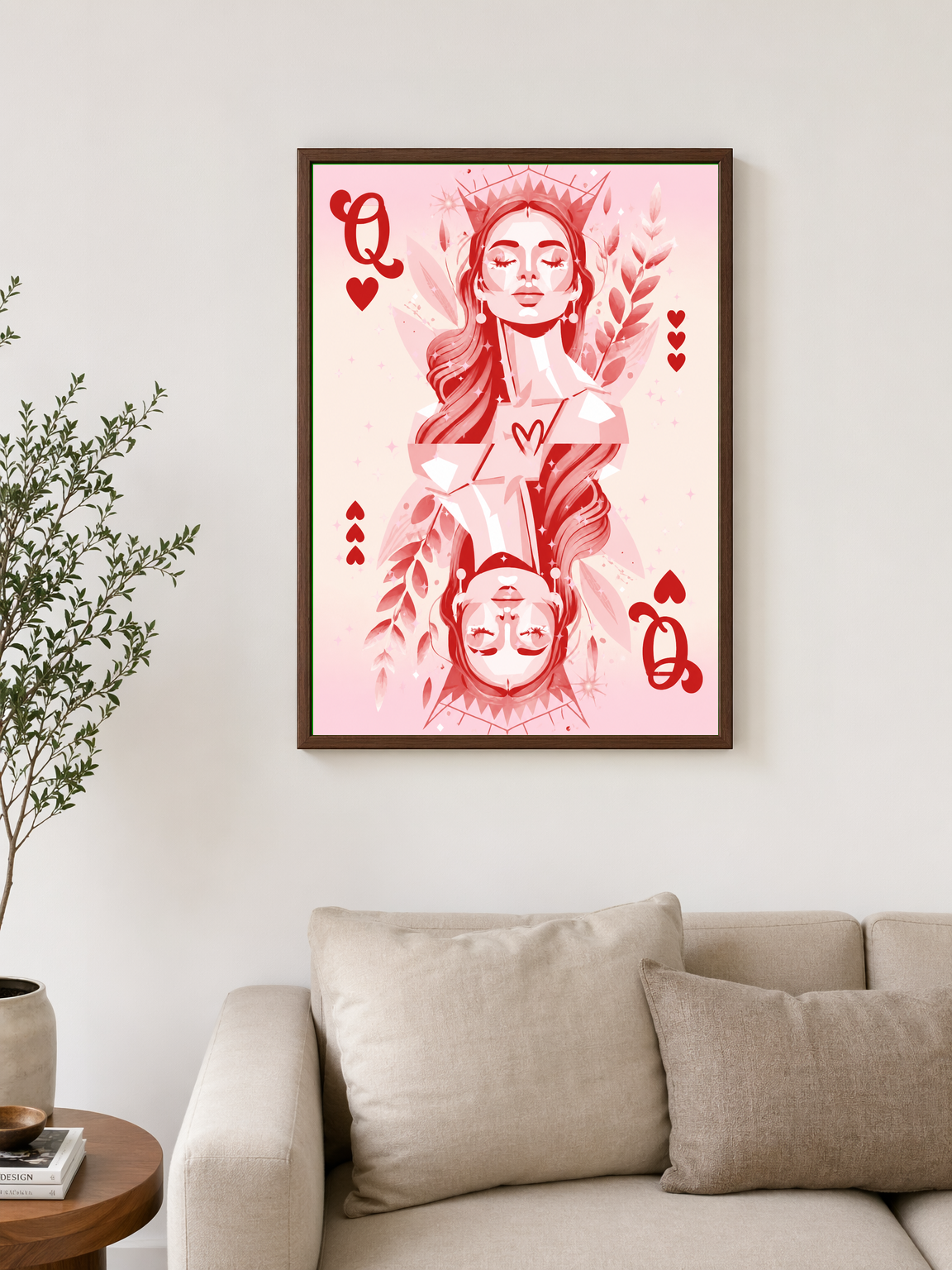 Pink Queen of Hearts Wall Art Print - dark wood framed
