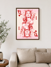 Pink Queen of Hearts Wall Art Print - dark wood framed
