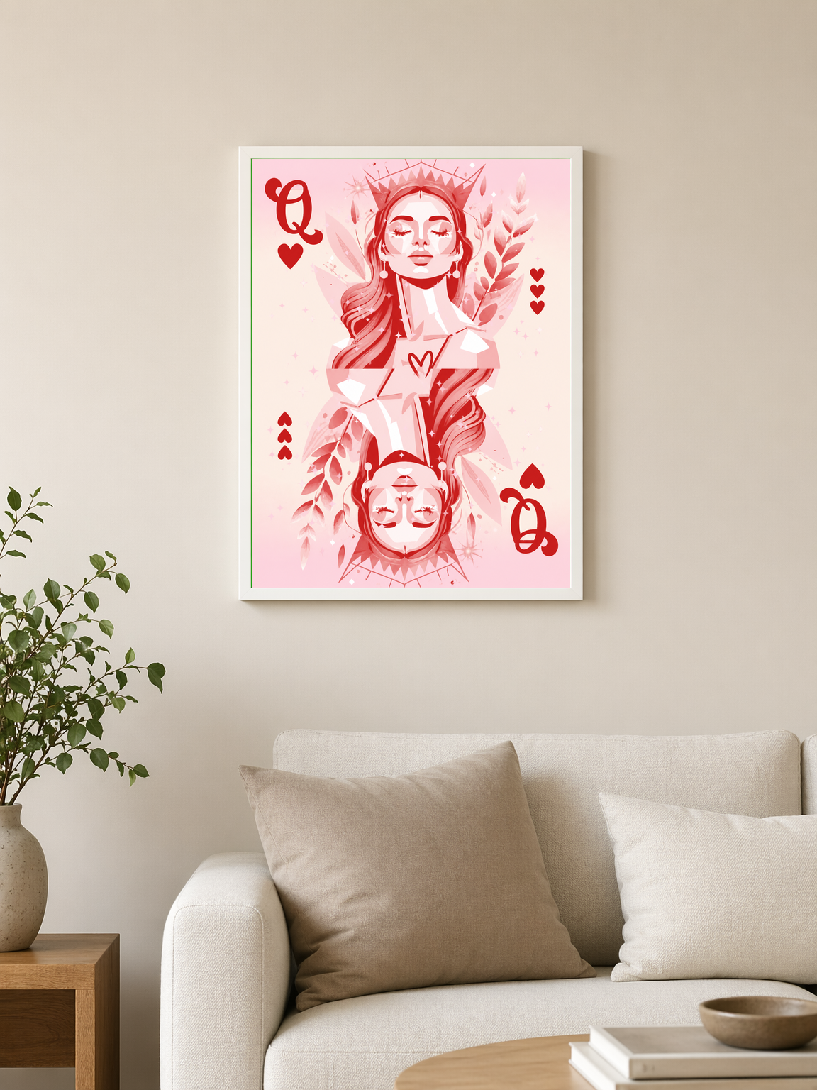 Pink Queen of Hearts Wall Art Print - white framed