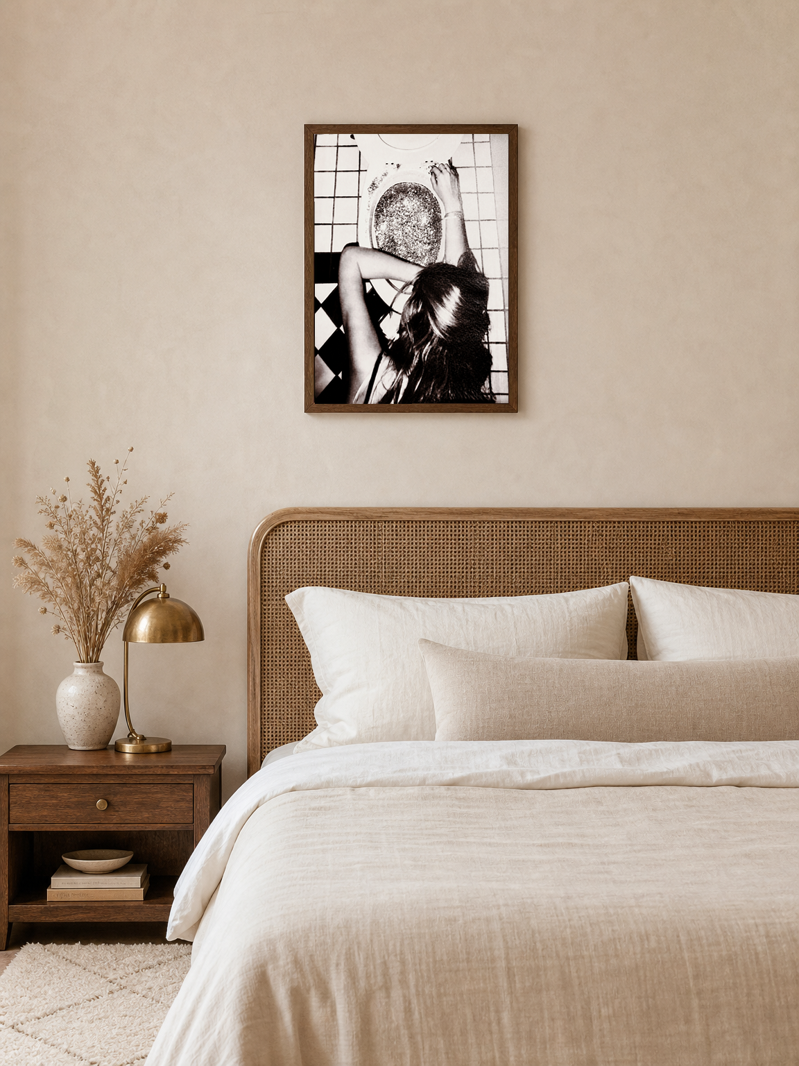 Edgy Black and White Bathroom Wall Art Print - dark wood framed