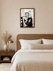Edgy Black and White Bathroom Wall Art Print - dark wood framed