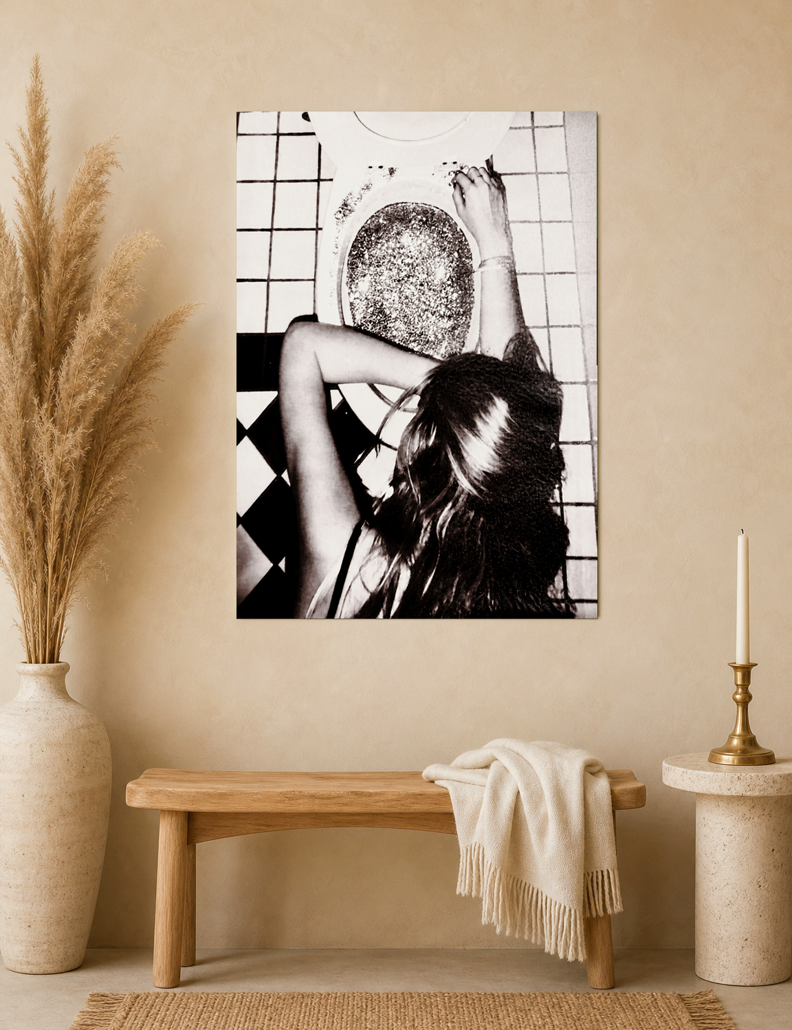 Edgy Black and White Bathroom Wall Art Print - unframed mockup