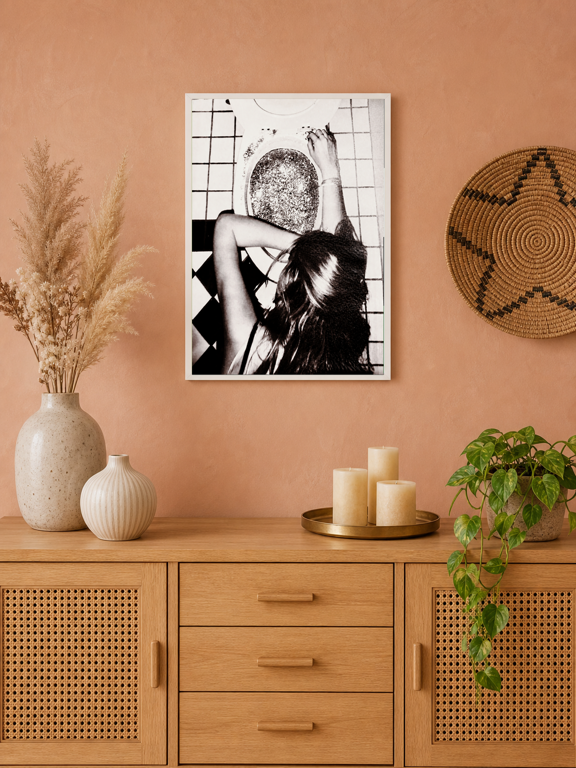 Edgy Black and White Bathroom Wall Art Print - white framed