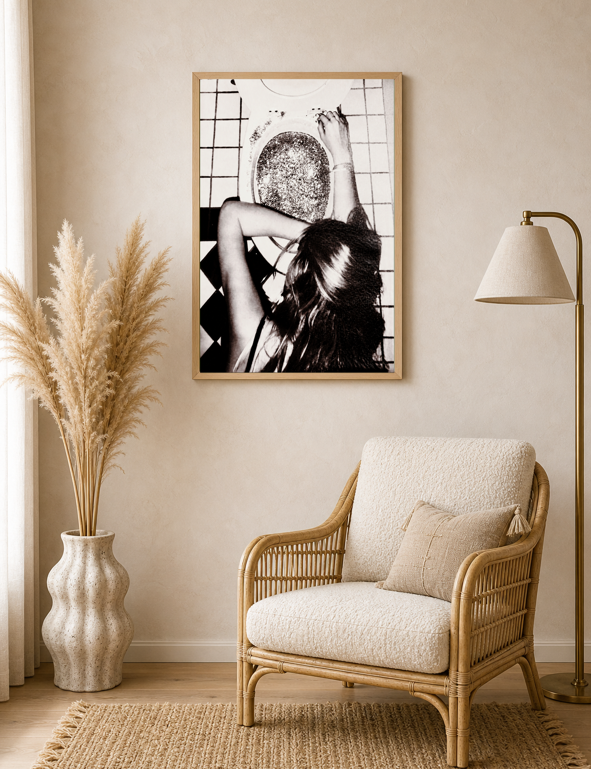Edgy Black and White Bathroom Wall Art Print - wood framed poster