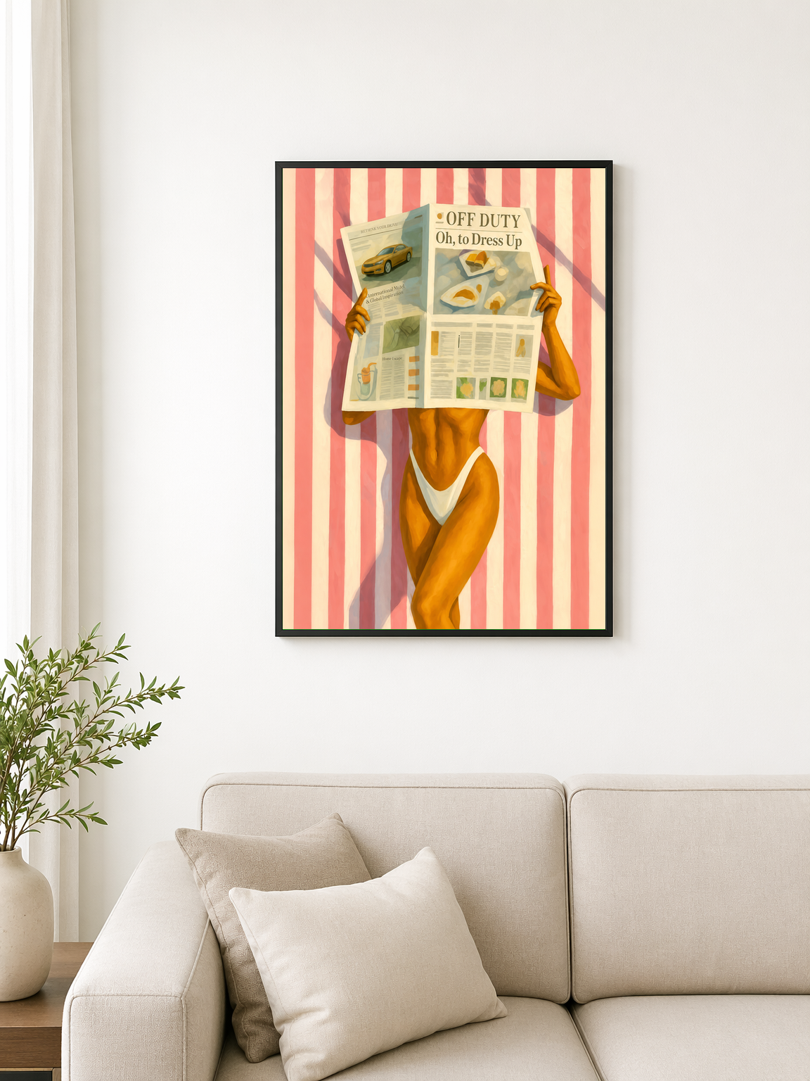 Off Duty Striped Beach Wall Art Print - black framed