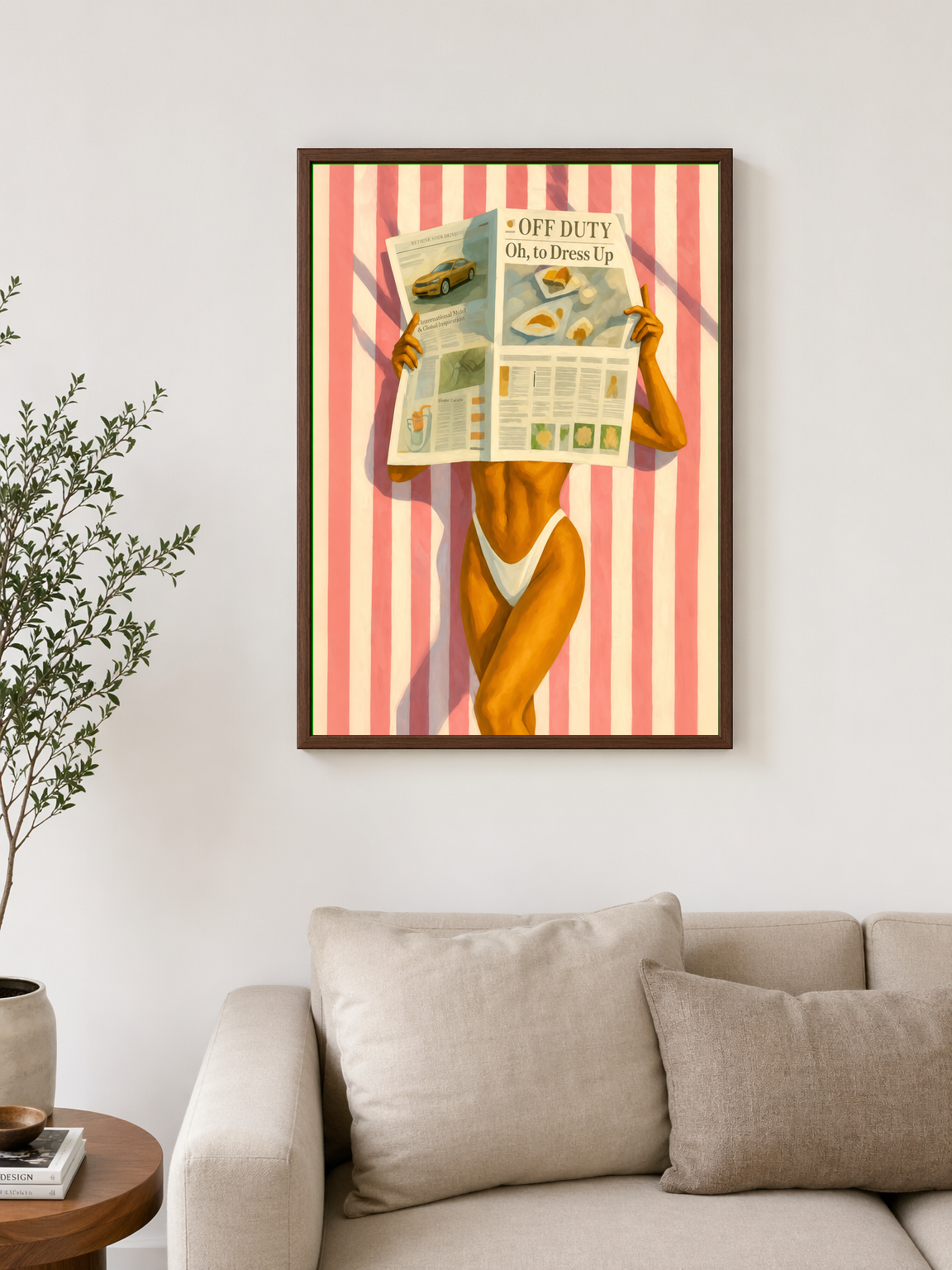 Off Duty Striped Beach Wall Art Print - dark wood framed