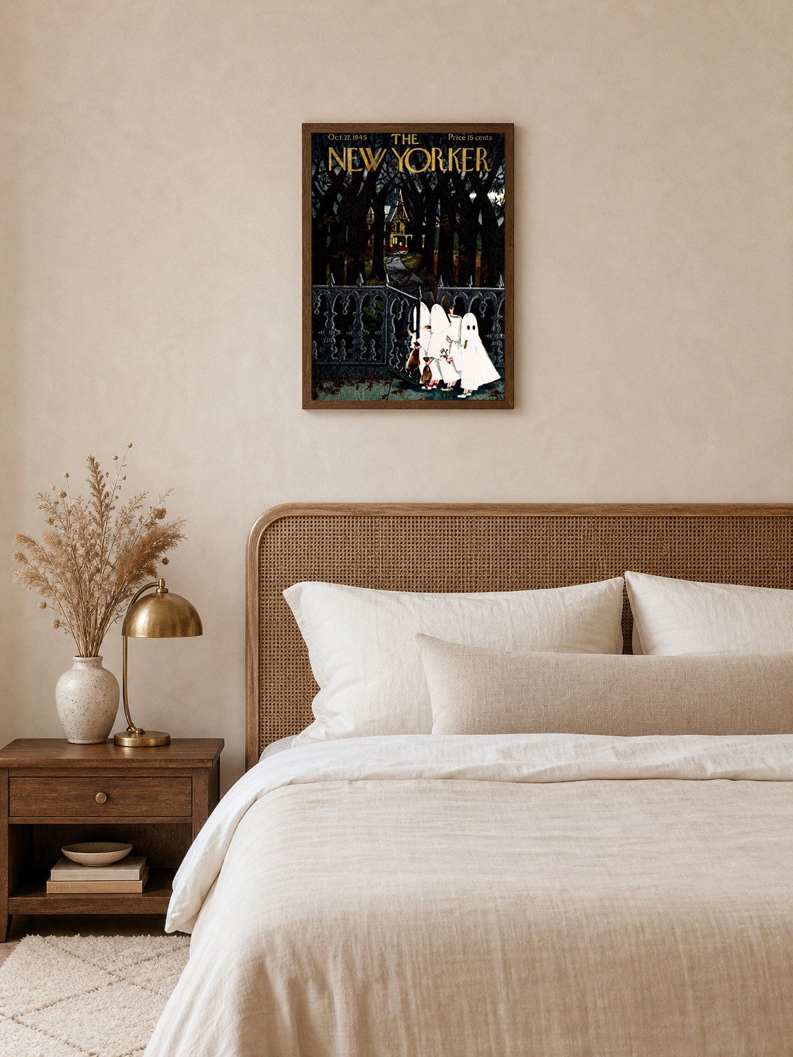 Vintage New Yorker Halloween Wall Art Print - dark wood framed